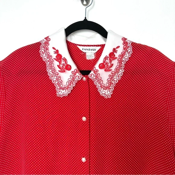 Vintage Retro Lolita Polka Dot Blouse Feminine Coquette Girl Embroidered Collar - Picture 2 of 11